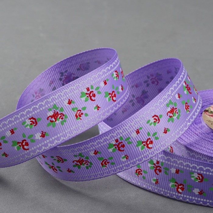 Лента репсовая "Цветочки", 25мм, 22±1м, цвет сиреневый