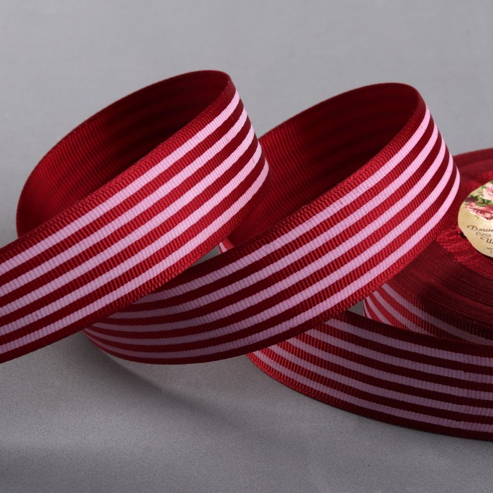Лента репсовая "Полоски", 25мм, 22±1м, цвет бордовый