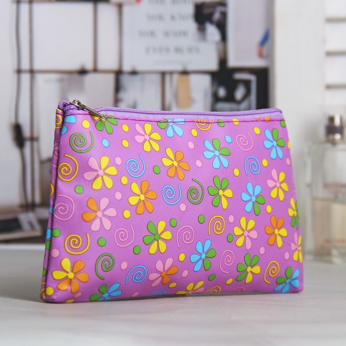 Косметичка простая на молнии "Лютики", 1 отдел, цвет сиреневый
