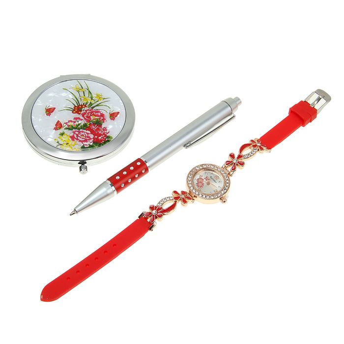 Набор подарочный 3в1 в карт.коробке (ручка+зеркало+часы) красный 12*16,5см