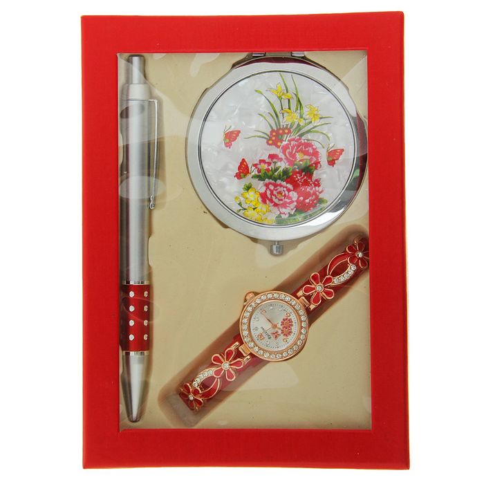 Набор подарочный 3в1 в карт.коробке (ручка+зеркало+часы) красный 12*16,5см