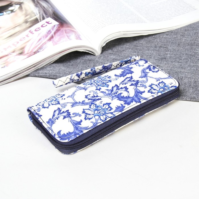 Кошелёк женский на молнии, 3 отдела, для монет, для карт, с ручкой, цвет синий