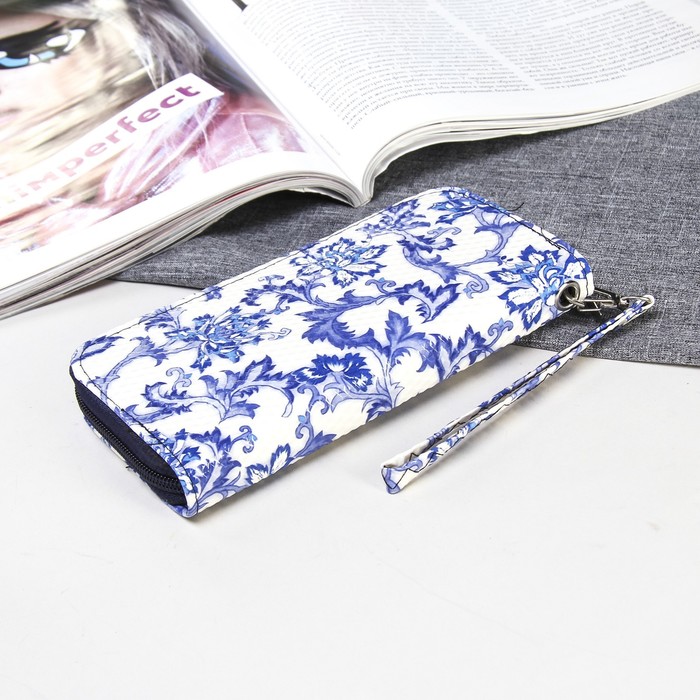 Кошелёк женский на молнии, 3 отдела, для монет, для карт, с ручкой, цвет синий