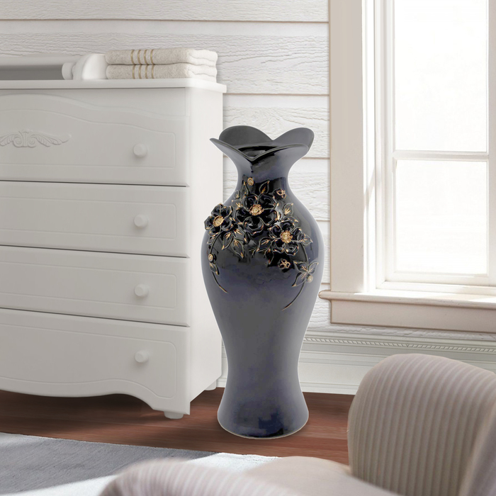 Ваза напольная "Жаклин" черная с лепкой, стразы