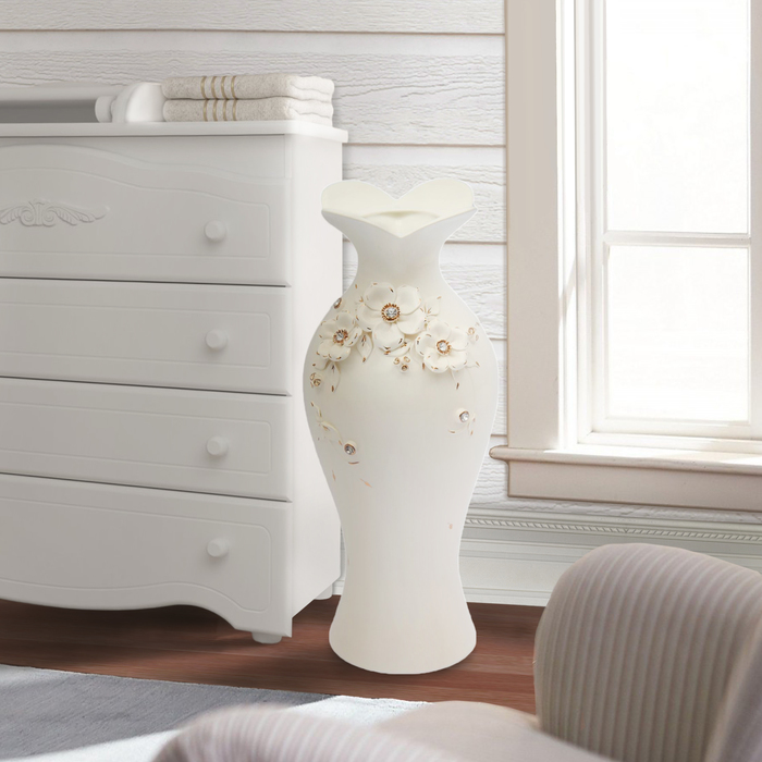 Ваза напольная "Жаклин" белая с лепкой, стразы