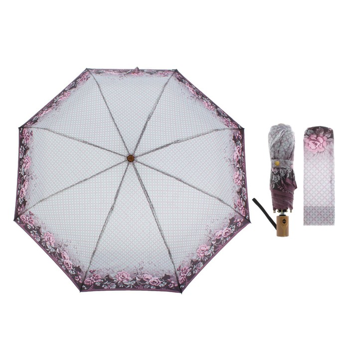 Зонт автоматический "Цветы и клетка", облегчённый, R=52см