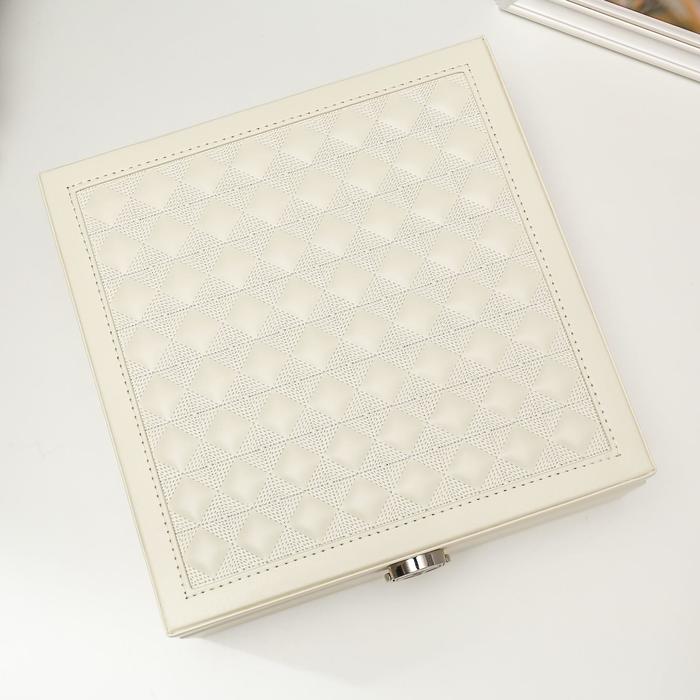 Шкатулка кожзам под часы 2 отделения и бижутерию "Ромбы белые" матовая 8,5х25х25 см