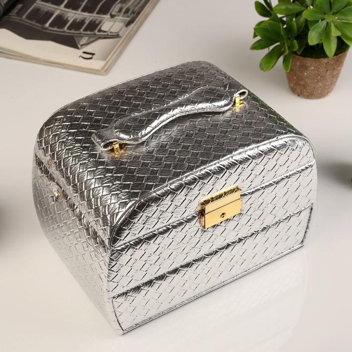 Шкатулка кожзам для украшений "Ромбы серебро" тиснение 16х24х16 см