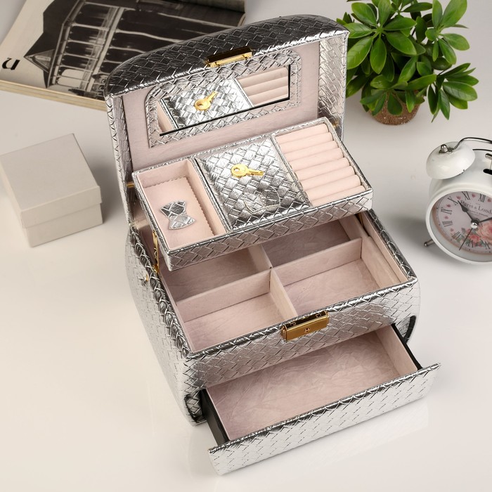 Шкатулка кожзам для украшений "Ромбы серебро" тиснение 16х24х16 см