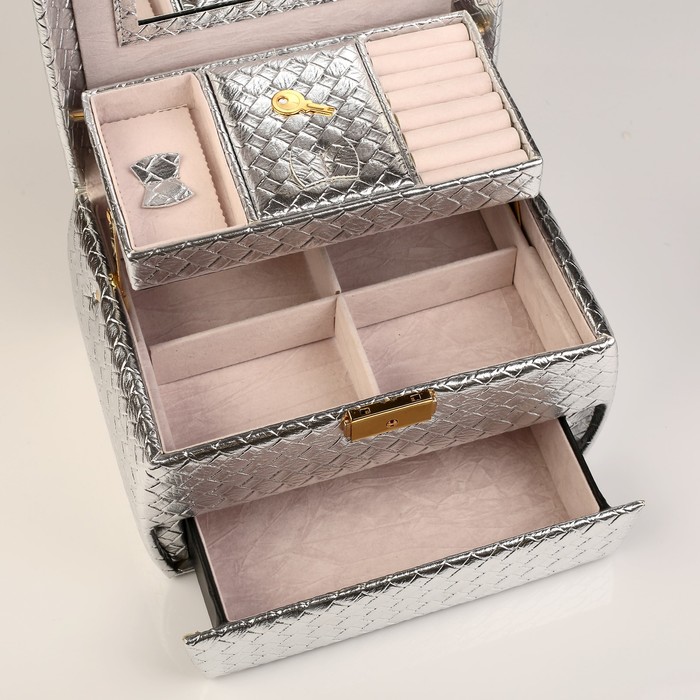 Шкатулка кожзам для украшений "Ромбы серебро" тиснение 16х24х16 см