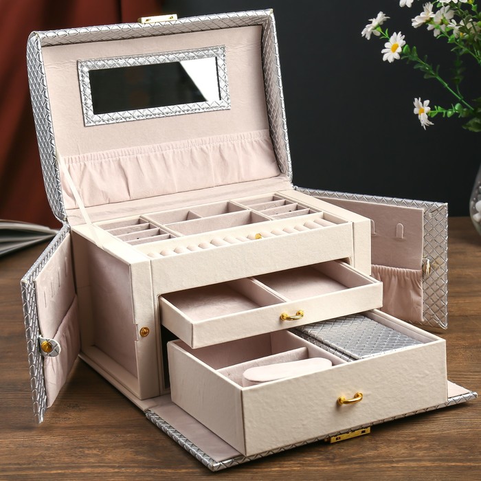 Шкатулка кожзам под часы 1 отделение и бижутерию "Серебро" 18х25х18,5 см