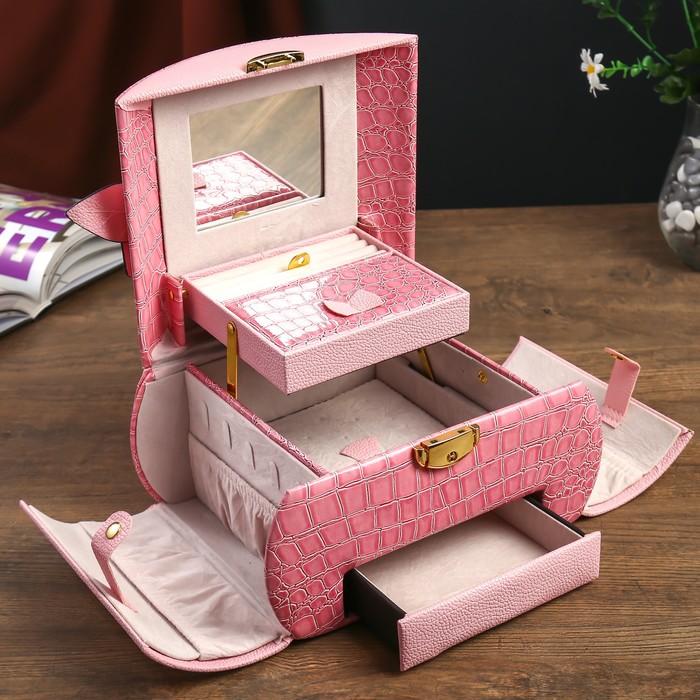Шкатулка кожзам с отделениями под бижутерию "Кармен" розовая 14,5х23,5х17 см