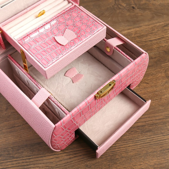 Шкатулка кожзам с отделениями под бижутерию "Кармен" розовая 14,5х23,5х17 см
