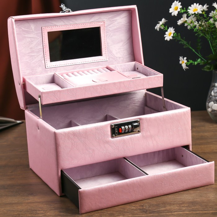 Шкатулка кожзам с отделениями под бижутерию "Крупная роза" розовая пастила 19х30х20 см