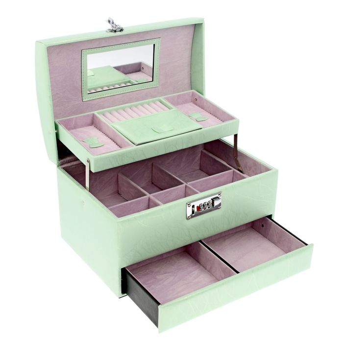 Шкатулка кожзам с отделениями под бижутерию "Крупная роза" лагуна 19х30х20 см