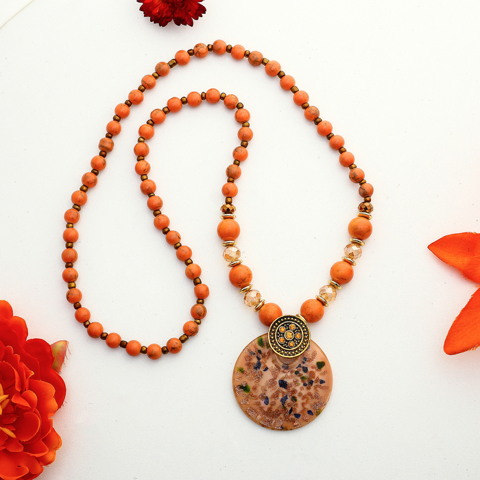 Кулон восход "Муранское стекло" круг, цвет персиковый, 80 см