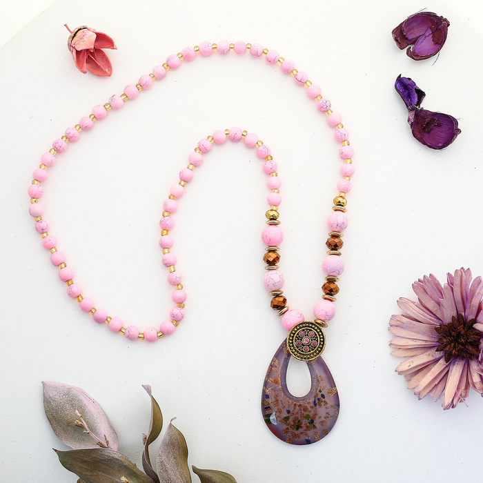 Кулон восход "Муранское стекло" капля на бусах, цвет розовый, 80см