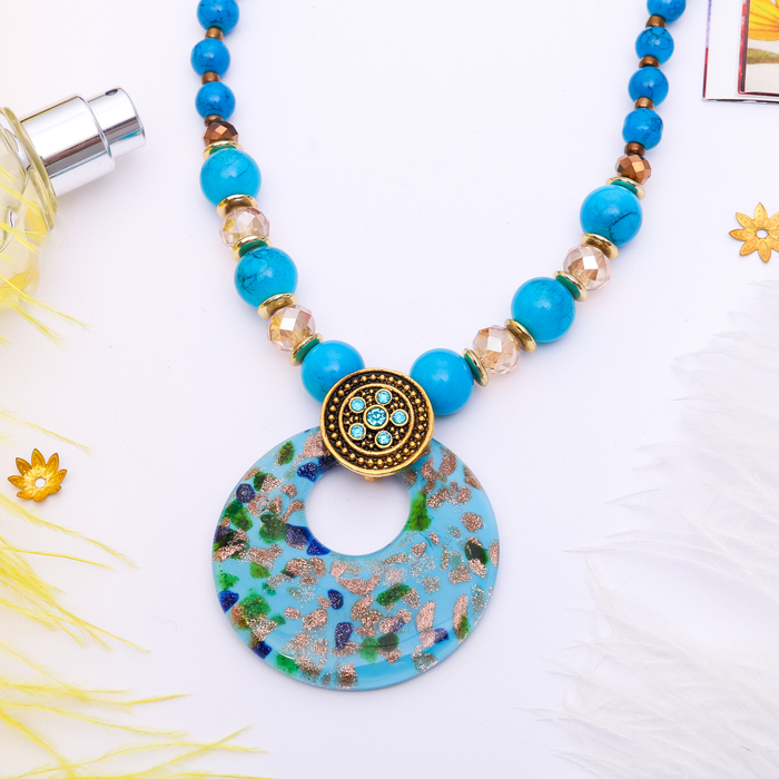 Кулон восход "Муранское стекло" круг на бусах, цвет синий, 60см