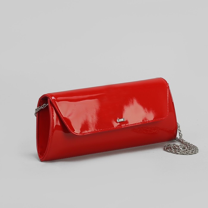 Клатч женский, 1 отдел на клапане, длинная цепочка, цвет красный