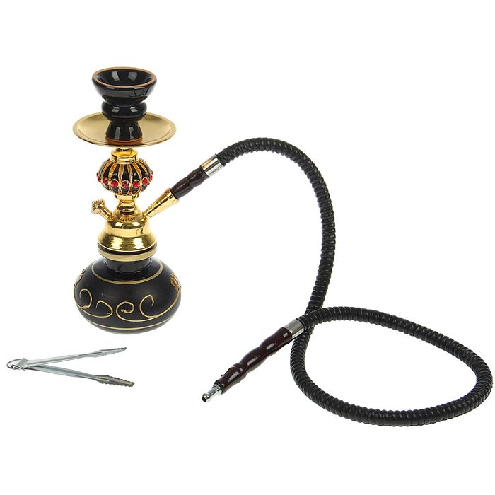 Кальян "Сокровища Востока", 24 см, 1 трубка, колба-шар чёрная матовая с росписью, шахта золотистая