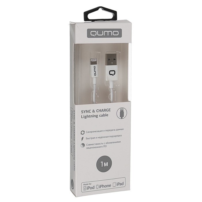 Кабель Qumo, для зарядки и передачи данных, Apple iPhone, 8 pin, 1 м, в оплетке, белый