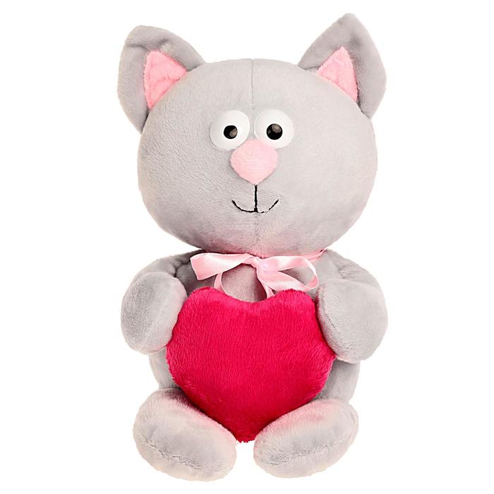 Мягкая игрушка "Котик с сердцем" серый, 30 см