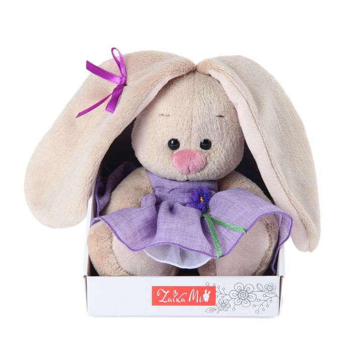 Мягкая игрушка "Зайка Ми" в фиолетовом платье с цветочком, 15 см
