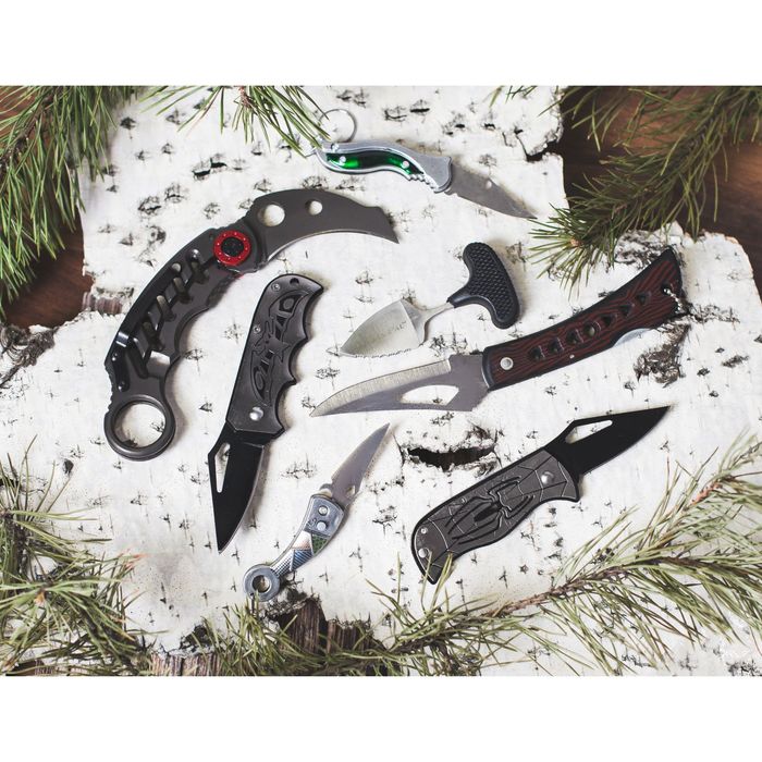 Нож, кольцо на рукояти, кнопка, лезвие 4,4см, микс, 10см