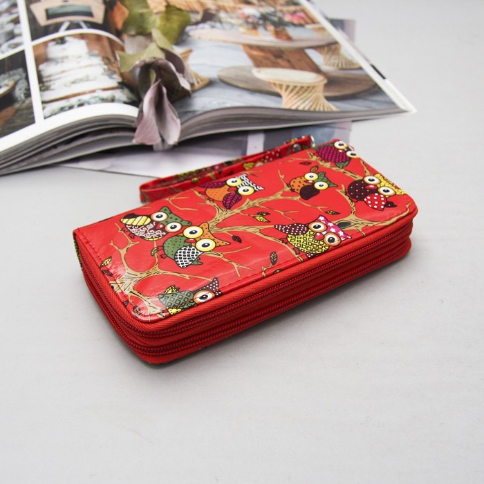 Кошелёк женский на 2-х молниях, 4 отдела, с ручкой, цвет красный