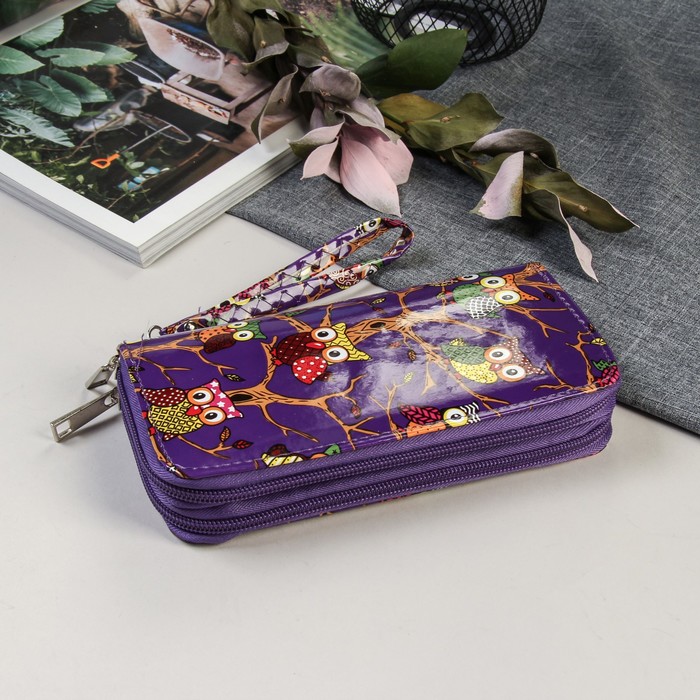 Кошелёк женский на 2-х молниях, 4 отдела, с ручкой, цвет фиолетовый