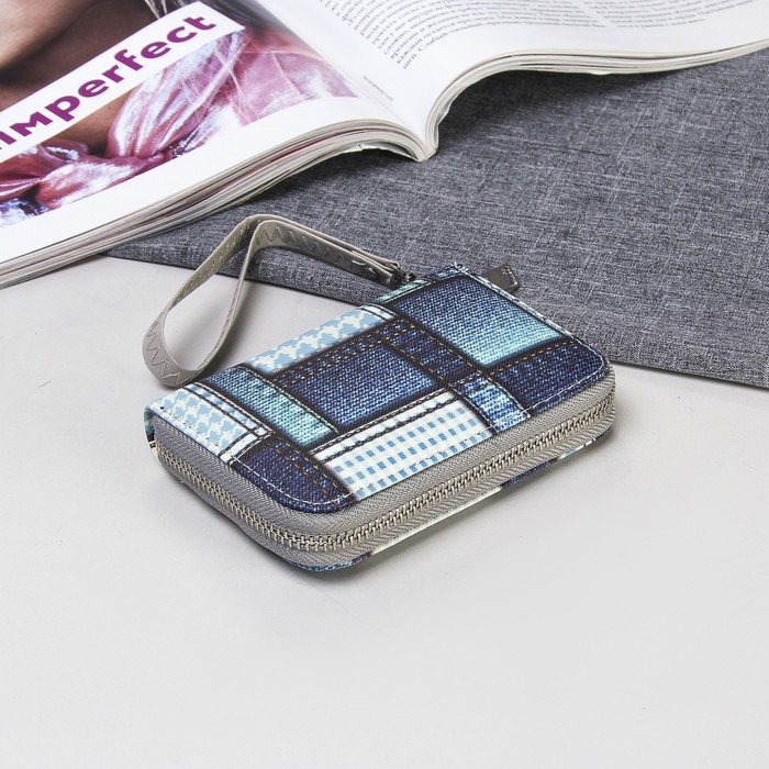 Кошелёк женский на молнии, 2 отдела, для монет, для карт, с ручкой, цвет голубой