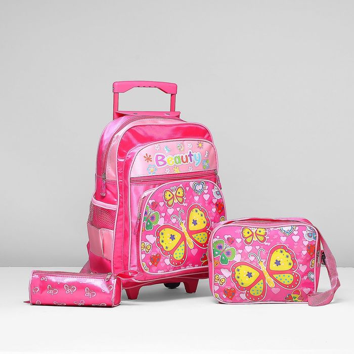 Рюкзак-чемодан школьный "Бабочки", на колёсах, 1 отдел, 2 наружных кармана, 2 боковых кармана-сетки, сумка на молнии, косметичка, цвет малиновый