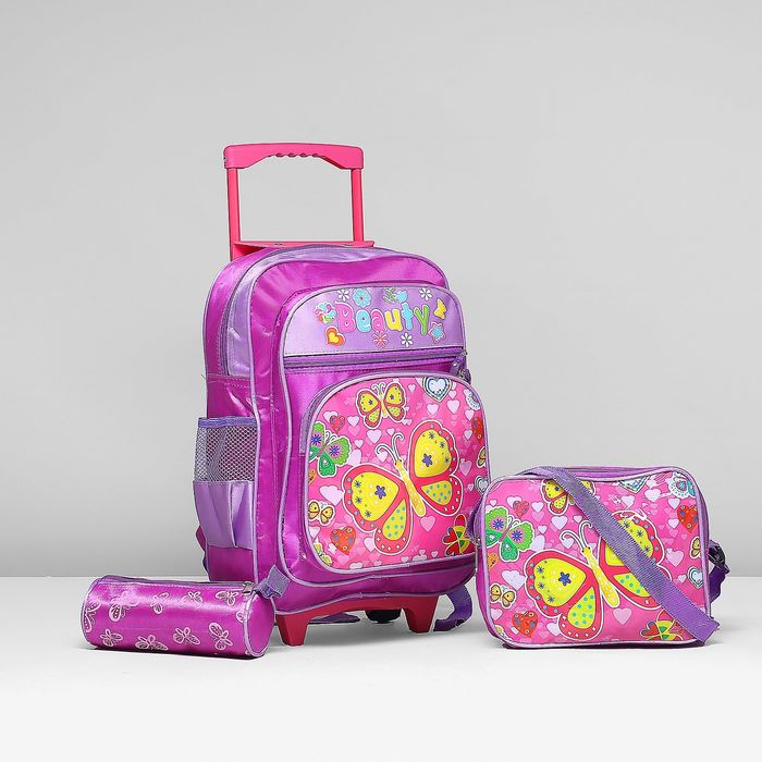 Рюкзак-чемодан школьный "Бабочки", на колёсах, 1 отдел, 2 наружных кармана, 2 боковых кармана-сетки, сумка на молнии, косметичка, цвет фиолетовый