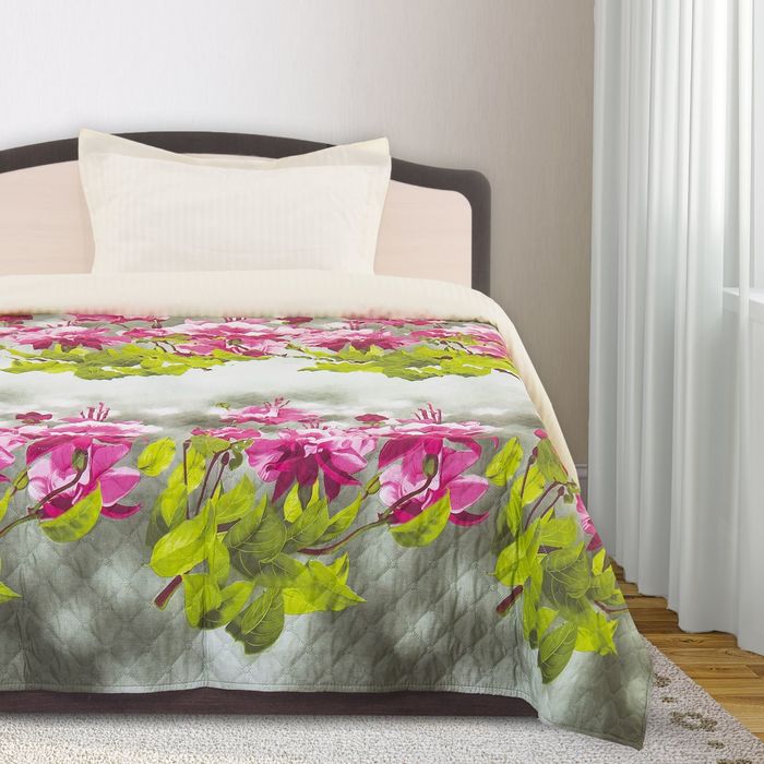 Покрывало ПРЕМИУМ рис 80im-9 зел/цветы 240х205 см, микро-сатин 95 г/м2