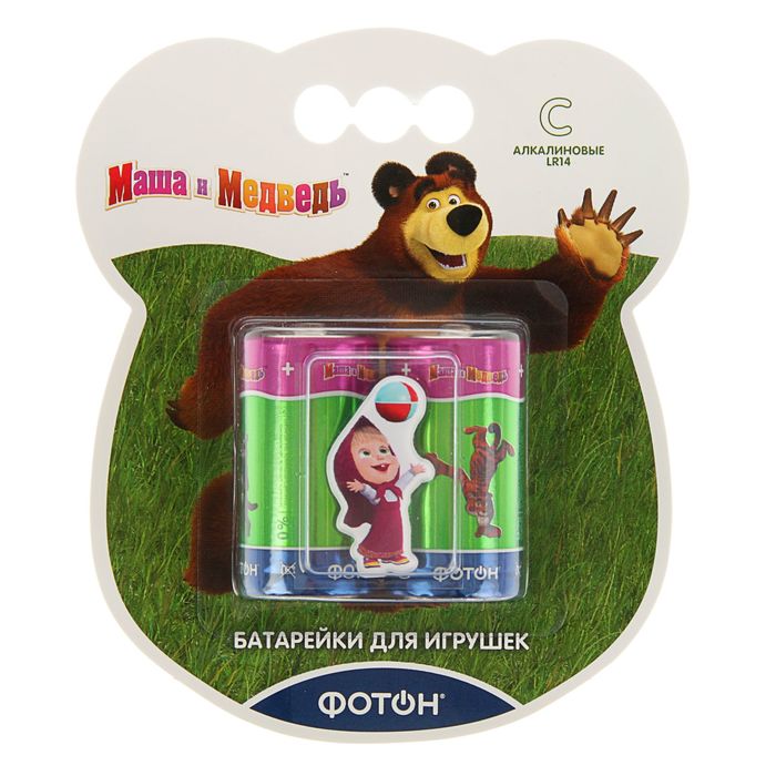 Батарейка алкалиновая "Фотон" "Маша и медведь" + наклейка, С, LR14-2BL, блистер, 2 шт.