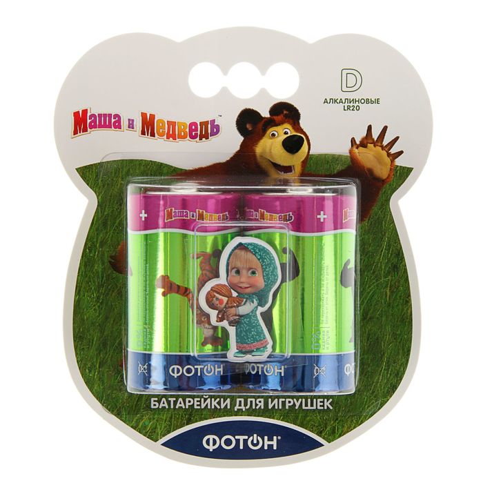 Батарейка алкалиновая "Фотон" "Маша и медведь" + наклейка, D, LR20-2BL, блистер, 2 шт.