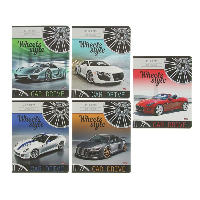 Тетрадь 40 листов клетка "Гоночный стиль", обложка картон хромэрзац, МИКС