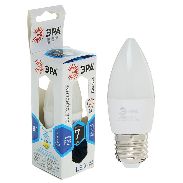 Лампа светодиодная ЭРА, B35, 7 Вт, 4000 К, E27