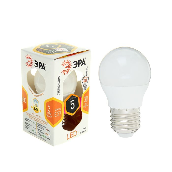 Лампа светодиодная ЭРА, P45, 5 Вт, 2700 К, E27