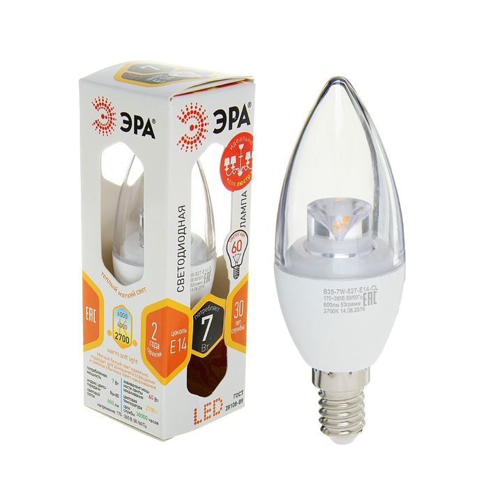 Лампа светодиодная ЭРА, B35, 7 Вт, 2700 К, E14, прозрачная