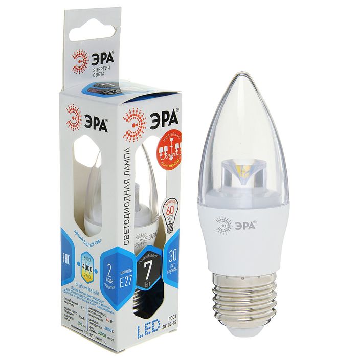 Лампа светодиодная ЭРА, B35, 7 Вт, 4000 К, E27, прозрачная