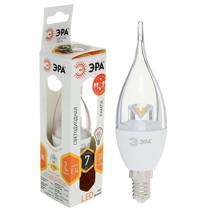 Лампа светодиодная ЭРА, BXS, 7 Вт, 2700 К, E14, прозрачная