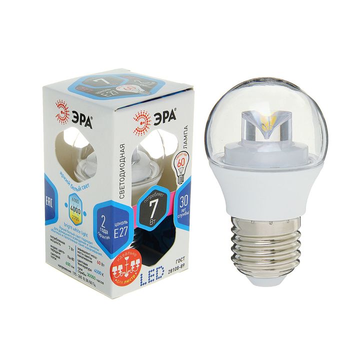 Лампа светодиодная ЭРА, P45, 7 Вт, 4000 К, E27, прозрачная