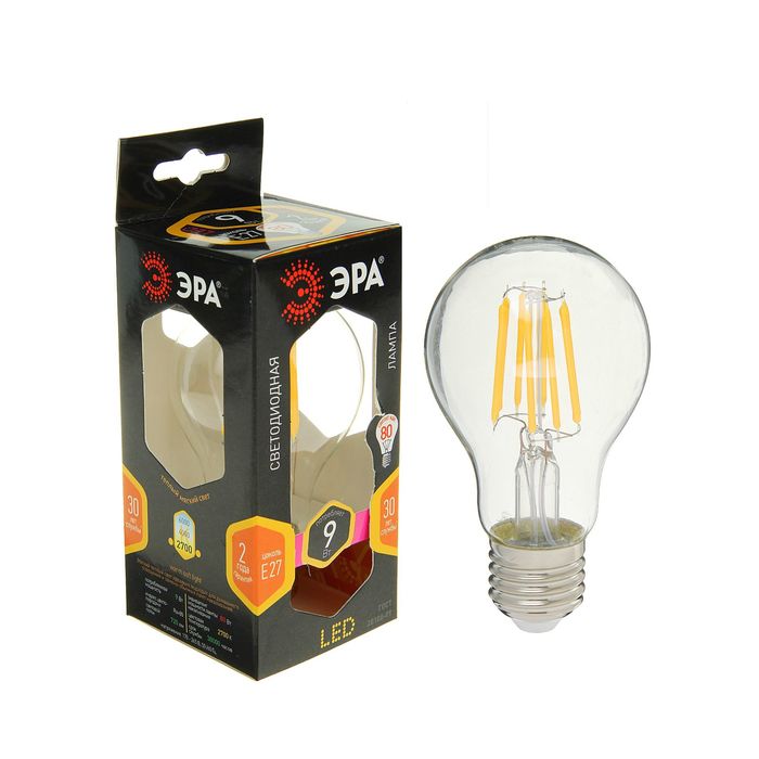 Лампа светодиодная ЭРА, FIL, А60, 9 Вт, 2700 К, E27