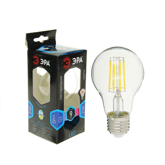 Лампа светодиодная ЭРА, FIL, А60, 9 Вт, 4000 К, E27