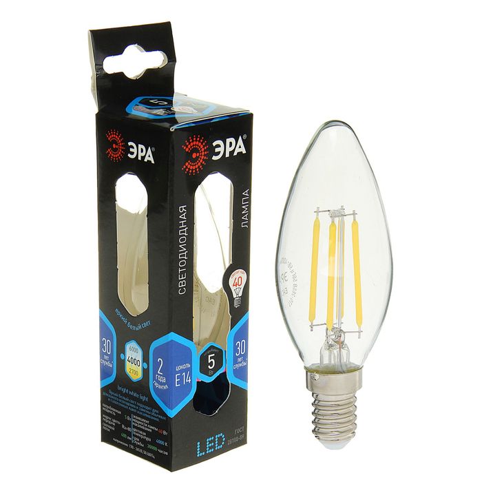 Лампа светодиодная ЭРА, FIL, B35, 5 Вт, 4000 К, E14