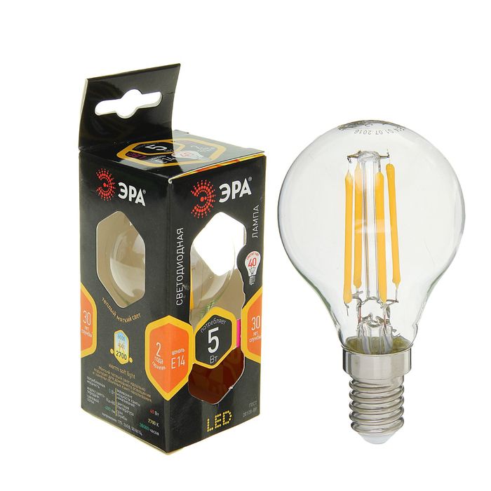 Лампа светодиодная ЭРА, FIL, Р45 5 Вт, 2700 К, E14