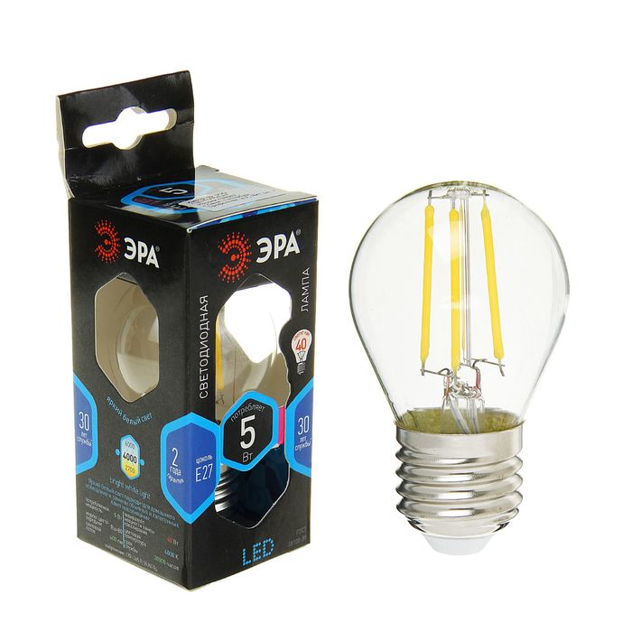 Лампа светодиодная ЭРА, FIL, Р45 5 Вт, 4000 К, E27