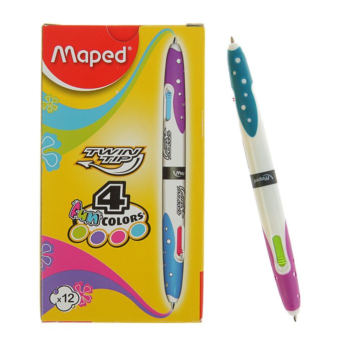 Ручка шариковая автоматическая многоцветная 4 цвета Twin Tip, узел 1.0 мм, двухсторонняя, обрезиненый корпус