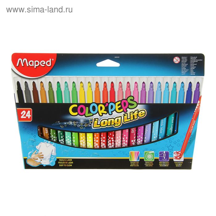 Фломастеры 24 цвета, Maped Color Peps, суперсмываемые, заблокированный пишущий узел